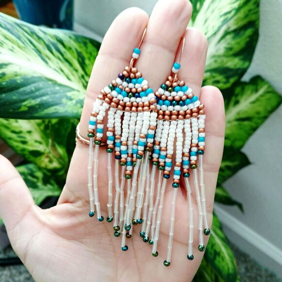 Boho Chic Seed Bead Dangle Earrings, Copper Jewelry, Statement Artisan 4" - Picture 2 of 7